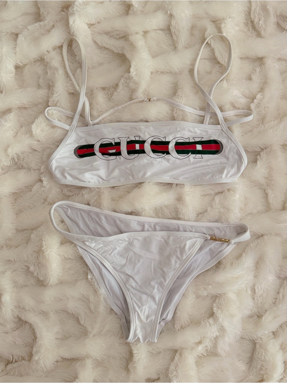 Gucci White Bikini Set with signature Red and Green Stripes